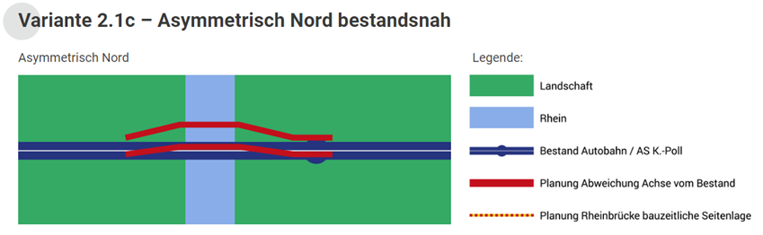 Verlauf der Variante 2.1c im Bereich der Rheinquerung